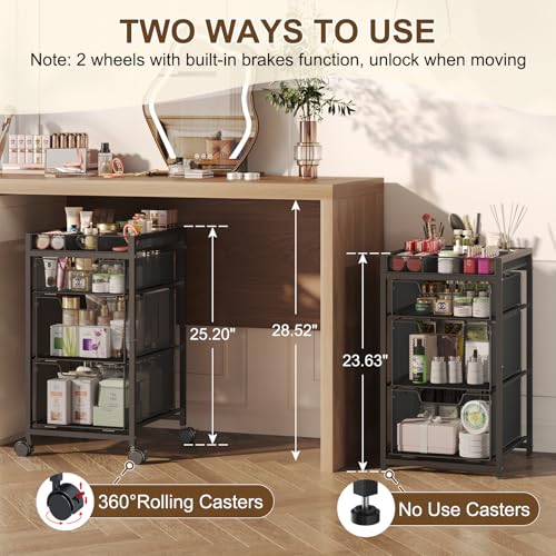 JKsmart Black 4-Tier Rolling Makeup Cart with 3 Drawers & Dividers
