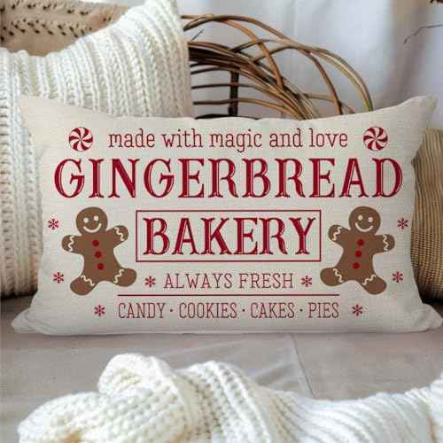 Christmas Pillow Covers 12x20 Inch Gingerbread Man Bakery Rustic Farmhouse Christmas Sign Decorations Outdoor Xmas Winter Holiday Decorative Lumbar Throw Pillow Case for Sofa Couch Home Decor