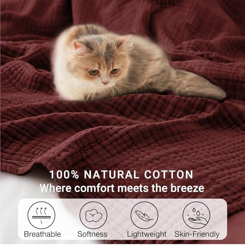 Kozyhvn 6-Layer Cotton Muslin Blanket for Adults, California King 120x90 Burgundy