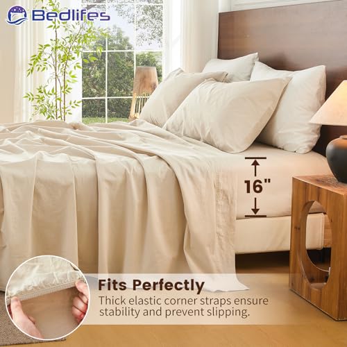 Queen Linen Sheet Set - 4 Pieces, 16" Deep Pockets, French Natural Flax