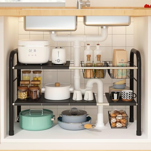 Expandable Under Sink Organizer 2-Tier Shelf for Kitchen & Bathroom Storage