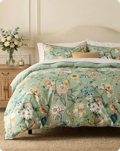 Bedsure PureWoven 100% Cotton Floral Duvet Cover Set - Queen, Green Garden, No Comforter Variation 06