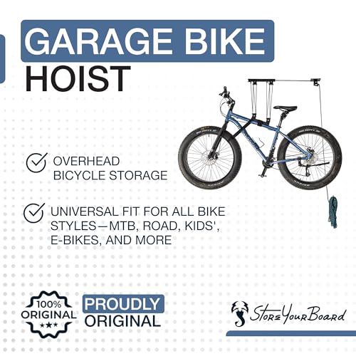 StoreYourBoard Garage Ceiling Bike Hoist System - Adjustable Pulley Lift for All Bikes