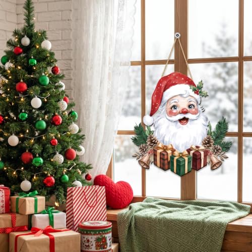 Christmas Wooden Santa Door Sign Hanging Decor - Festive Xmas Wreath