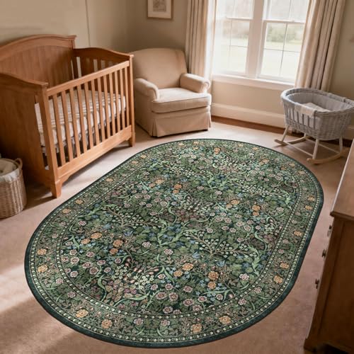 Dark Green Floral Oval Rug - 5x8 Boho Washable Area Rug for Living Room
