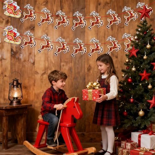 Christmas Banner,2 Set Pre-Strung Santa and Reindeer Bunting Garlands for Merry Christmas Party Decorations,Inside,Home, Office,Fireplace,Wall,Window Hanging Decoration,Xmas Holiday Decor Supplies
