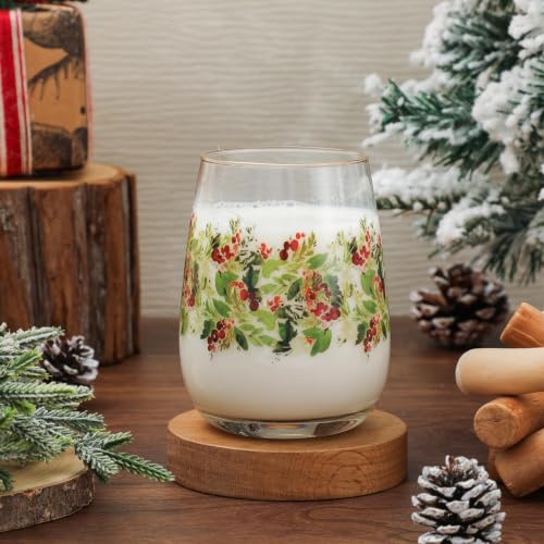 Whaline 2-Pack 17oz Christmas Stemless Wine Glasses with Holly Berries & Gold Rim