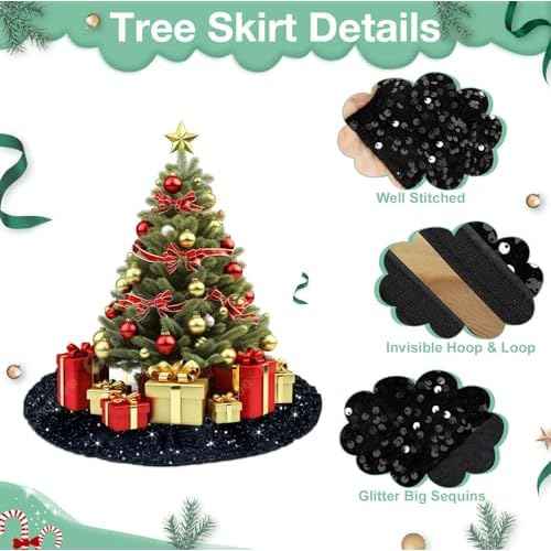 Black Christmas Tree Skirt Velvet 36 Inches Round Glittery Sequin Tree Skirts Xmas Tree Base Cover Mat Outdoor Tree Skirt Christmas Black Halloween Tree Decorations for Family Party Decor