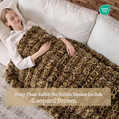Faux Rabbit Fur Throw Blanket - Leopard Brown, 50x60 Inches, Super Thick & Cozy