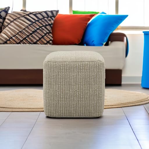 SIMPLIHOME Zelma 18-Inch Square Pouf in Cream/Natural Eco-Friendly PET Polyester - Indoor/Outdoor Supportive Seat