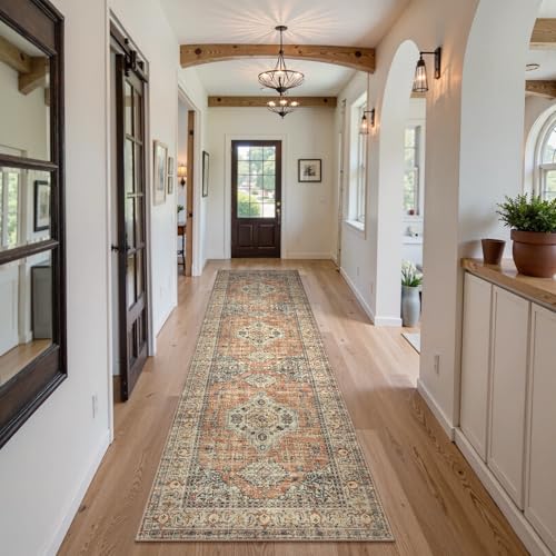 Lahome Terracotta Oriental Runner Rug 2.5x10ft Non-Slip Hallway Carpet - Machine Washable, Ultra Soft