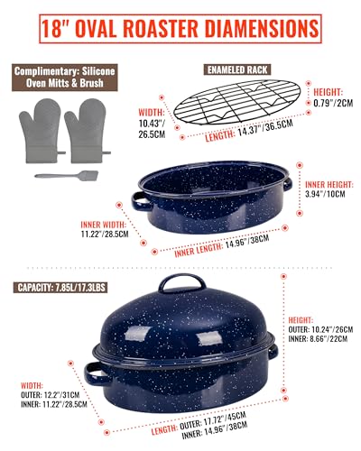 Enamel Turkey Roasting Pan with Lid & Rack - 18 Inch Large Oven Set - Midnight Blue