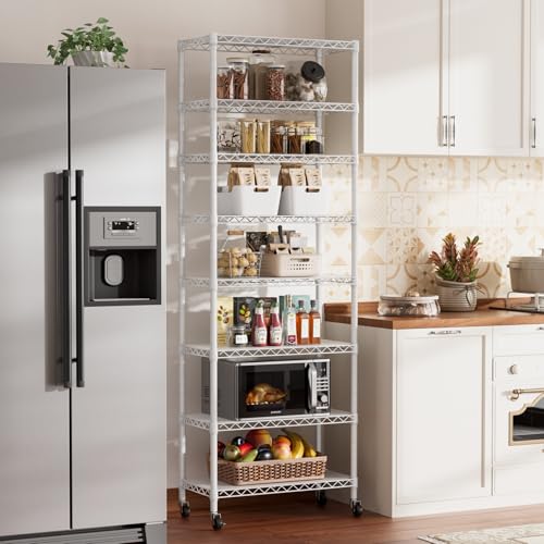 8-Tier Metal Wire Closet Shelf with Wheels, Adjustable Storage, White 12x22x74