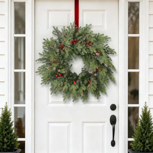 24in Norfolk Pine Christmas Wreath with Red Berries, Front Door Decor