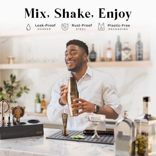 Mixology Bartender Kit Bar Set - 28oz Boston Shaker Brass & Black - 14-Piece Cocktail Barware with Recipe Cards
