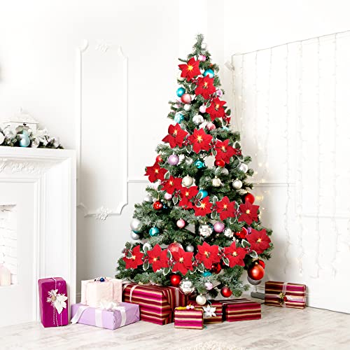 Sggvecsy Christmas Poinsettia Garland 7.1Ft Poinsettia Velvet Artificial Poinsettia Garland String Lights with Red Berries Holly Leaves for Christmas Decorations Mantle Indoor Outdoor Holiday Decor