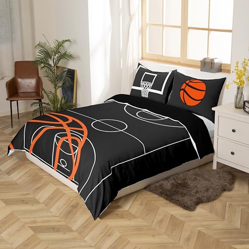 Castle Fairy Cyjs3028 Full Size Basketball Court Print Comforter Cover Set with 2 Pillowcases (No Comforter) – Orange Hoop Bedding