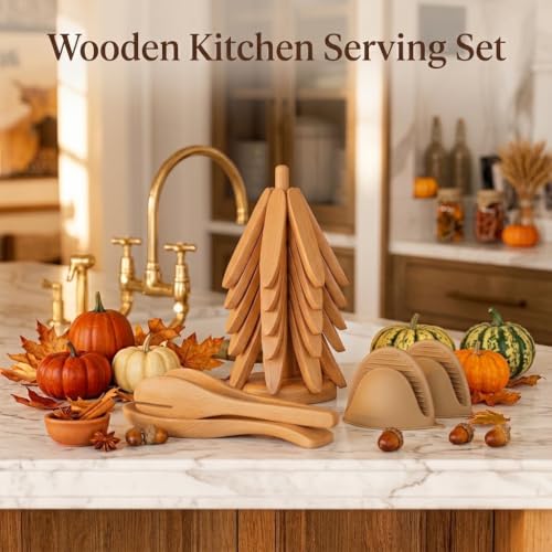 Rynic Beech Wood 10-Piece Trivet Set with Stand & Kitchen Utensils
