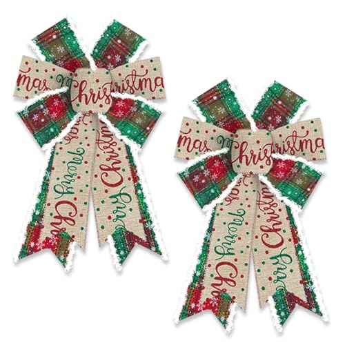 2 Pack Christmas Wreath Bows Christmas Decor Bows Green Red Plaids Words Velvet Ribbon Bows for Wreath, Xmas Tree Topper Bows for New Year Party Decoration Home Indoor Outdoor Wreath Ornament Supplies