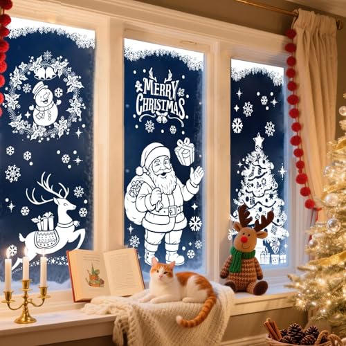 AhfuLife Large Christmas Window Clings Decorations, 35.4 x 11.8 in, 6 Sheets Double Side Xmas Snowflake Santa Reindeer Snowman Window Decals Stickers for Home Glass Party Indoor Decorations