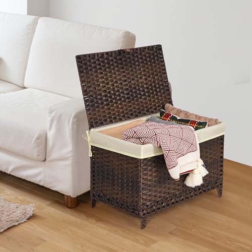 Honjourai 160L Wicker Storage Basket with Lid & Removable Liner - Brown