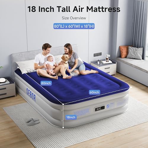 Blue Queen Air Mattress with Built-In Pump, Self-Inflating, Durable, Portable Camping Bed