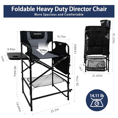 Black Tall Folding Director Chair with Side Table & Footrest - 26.77" Seat Height, Supports 350LBS