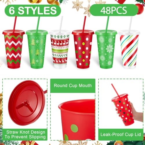 Chuangdi 48 Pack Christmas Plastic Cups with Lids & Straws, 24oz, Red & Green, Holiday Design