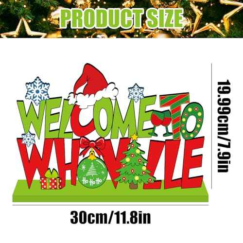 Christmas Table Decorations, Welcome to Christmas Party Table Centerpieces 11.8x7.9inch Red and Green Snowflake Style Wood Tabletopper for Winter Holiday