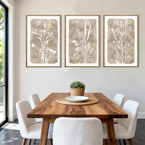ANHUIB Beige Floral Canvas Wall Art Set of 3 16x24 Inches Framed Botanical Decor for Living Room Bedroom Office Variation: 24"L x 16"W