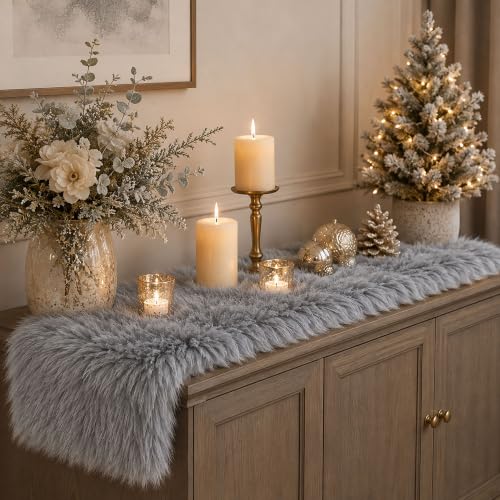 Gray Faux Fur Table Runner Winter Holiday Decor 11.8 x 70.8 Inch