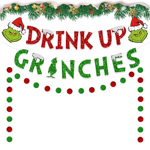Glittery Christmas Decorations Banners£¬Drink Up Grinches Banner, Winter Holiday Garland Photo Props Banner for Party Home Decorations (Green)