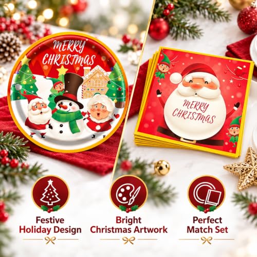 EVYIENEN 40PCS Christmas Paper Plates & Napkins Set, Santa Snowman Trees – Christmas-40PCS