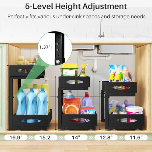 Kitstorack Black 2-Pack Under Sink Organizer with 2-Tier Sliding Mesh Baskets