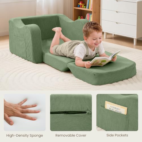Airpanda Kids Sofa Chair 2-in-1 Fold-Out Foam Couch, Green Corduroy – Toddler Kids' Play & Reading Seat