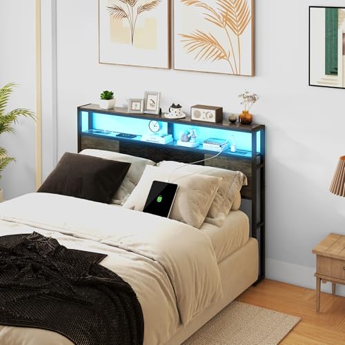 Queen Size Headboard with Charging Station & LED Light - Gray + Black