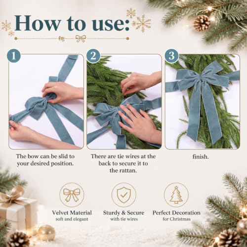 Dusty Blue Velvet Christmas Bow Garland 10 ft for Mantle Decor, Holiday Home Decoration