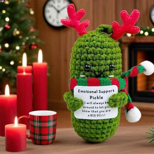 Christmas Crochet Pickle, Positive Crochet Animals with Message, Handmade Gifts with Antlers and Plaid Scarf, Funny Xmas Decorations (Christmas Cucumber)