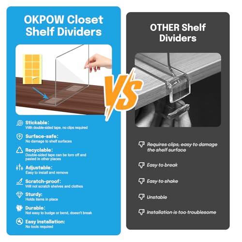 OKPOW 8 Pack Adjustable Clear Acrylic Shelf Dividers - 12" Tall x 11.8" Deep Closet Organizers