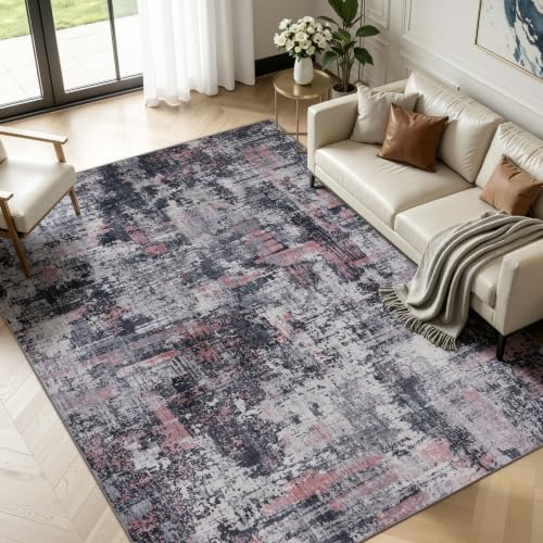 8x10 Washable Modern Abstract Area Rug - Black & Pink Rectangular