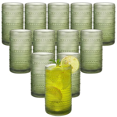 HEFBCOMK Set of 12 16oz Green Hobnail Drinking Glasses with Straws - Vintage Style, Durable Kitchen Water Cups for Cocktails, Juice, Whiskey, Milk