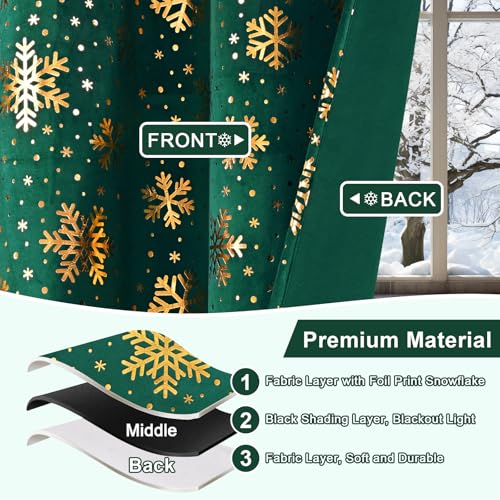 Yinhua 52"x84" Green Velvet Curtains with Gold Snowflake Foil, 2 Panels, Blackout Thermal Drapes