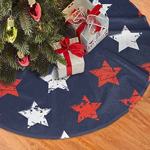 Christmas Tree Skirt, American Flag Day Memorial Day Patriotic Freedom Stars Xmas Large Tree Mat, New Year Festive Holiday Party Decorations 30" inches