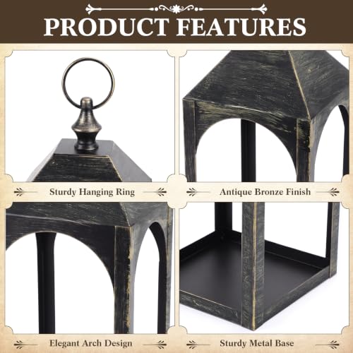 Large Decorative Lanterns Set of 2 Outdoor Indoor Bronze - Weather-Resistant Metal with LED Candles