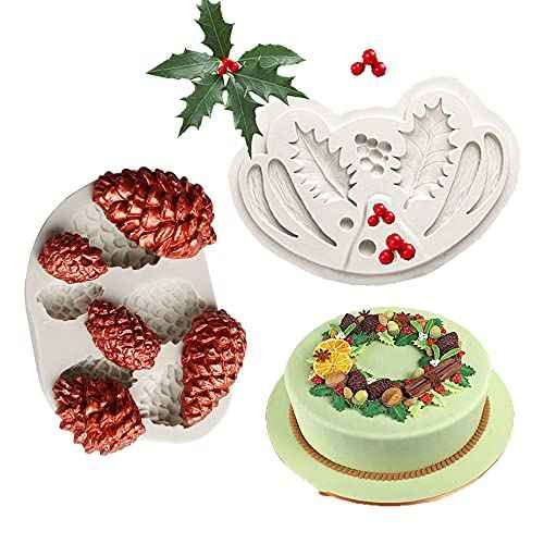 Cestony Christmas Holly Leaf & Pinecone Silicone Molds for DIY Cake Fondant Biscuit Cookies Sugar Pudding Chocolate Hard Candies Dessert Decor