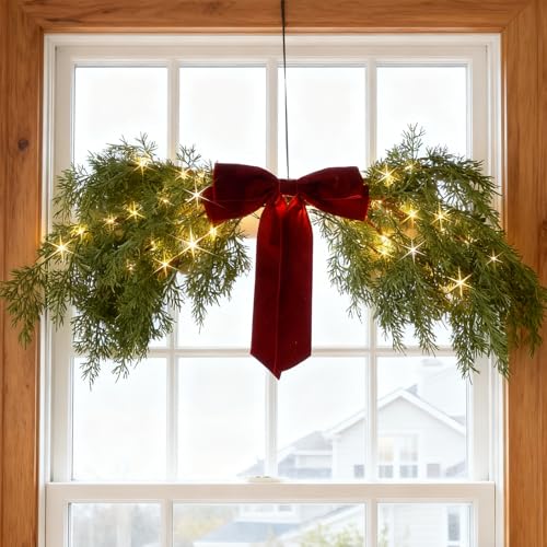 Battery-Operated Lighted Christmas Swag with Timer, Cedar Pine 32in Decor with Fairy Lights & Red Bow