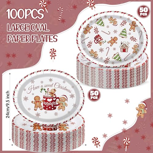 Pajean 100 Pcs Christmas Gingerbread Man Paper Plates 9 x 11 Inches - Holiday Party Supplies