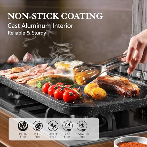 Reversible Nonstick Grill and Griddle Pan 19.5 x 10.7 Inch Cast Aluminum Portable