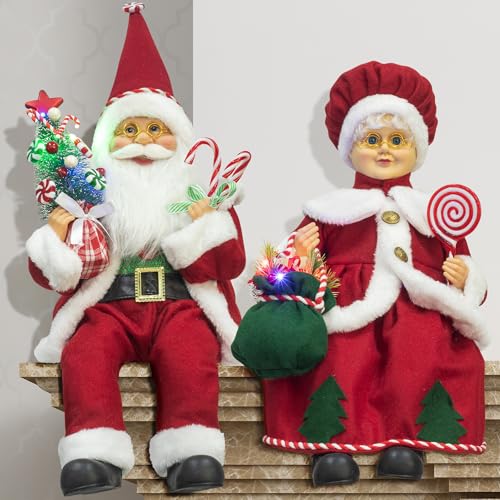 ITART 17-Inch Mr. & Mrs. Claus Figurines with Lights and Timer – Battery-Operated Christmas Decor