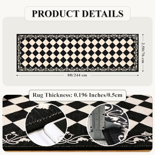 Black Checkered Runner Rug 2.5x8 ft Washable Non Slip Hallway Carpet